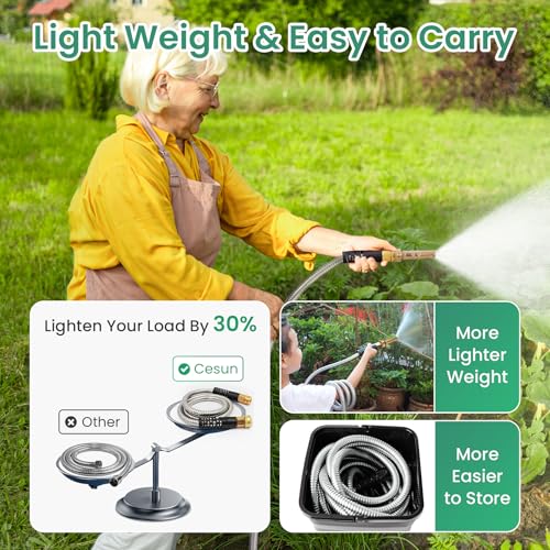 Cesun Metal Garden Hose 100 foot - 304 Stainless Steel Water Hose, Flexible, Lightweight and No-Kink Metal Hose with Brass Nozzle for Outdoor, Yard