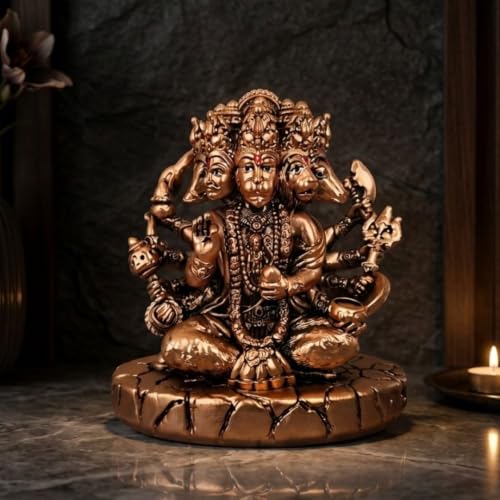 Image of Gold Art India Panchmukhi Hanuman Idol | Copper Antique Matte Finish Murti | Premium Polyresin Statue | Spiritual Home Decor for Mandir, Office & Car Dashboard | Premium Gift | 4 Inch