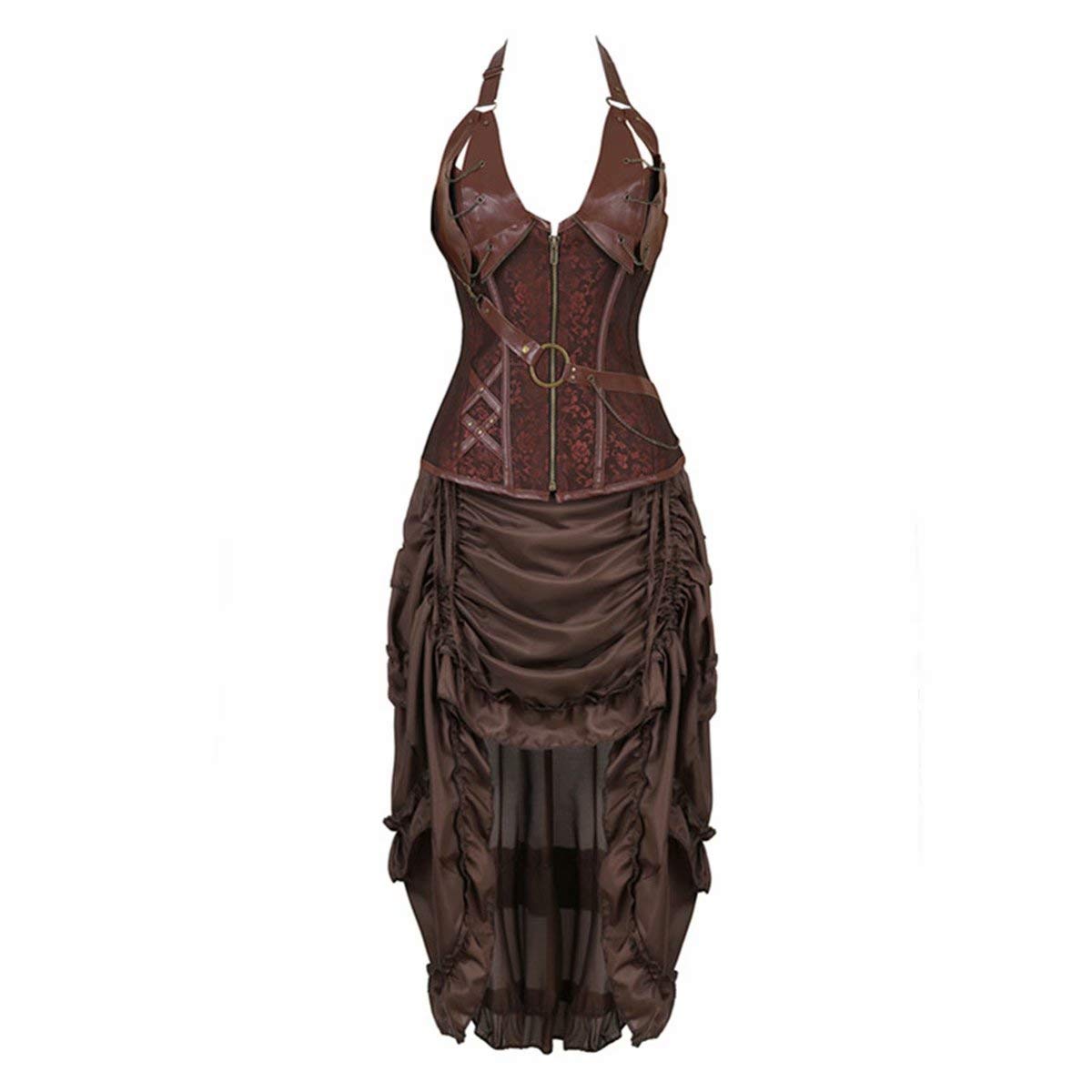 Josamogre Steampunk Korsett Corsage Neckholder Kostüm mit asymmetrischer Spitzenrock und Bluse Karneval Fasching Halloween