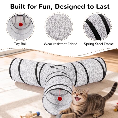 Image of Tempcore Cat Tunnel, 3-Way Collapsible Toy, Large Size Grey Coin | Large Size 3-Way Cat Tunnel Provides More Room for Cats to Run, Hide and Chase, with Peek Holes, Hanging Ball and Teaser Wand