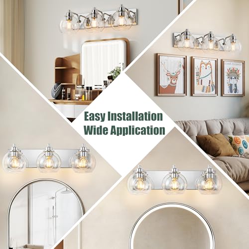 Image of 3 Light Bathroom Light Fixtures-Chrome Bathroom Vanity Lights, Modern Vanity Lights 3-Light Bathroom Lighting Fixtures Over Mirror with Clear Glass Globe Shade