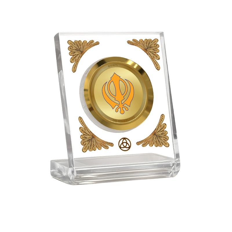 Image of DIVINITI 24K Gold Plated Khanda Sahib Acrylic Frame for Car Dashboard, Home Temple & Office Table | Premium Spiritual Gift, Blessings for Protection & Positivity, 8x7 cm Decorative Showpiece