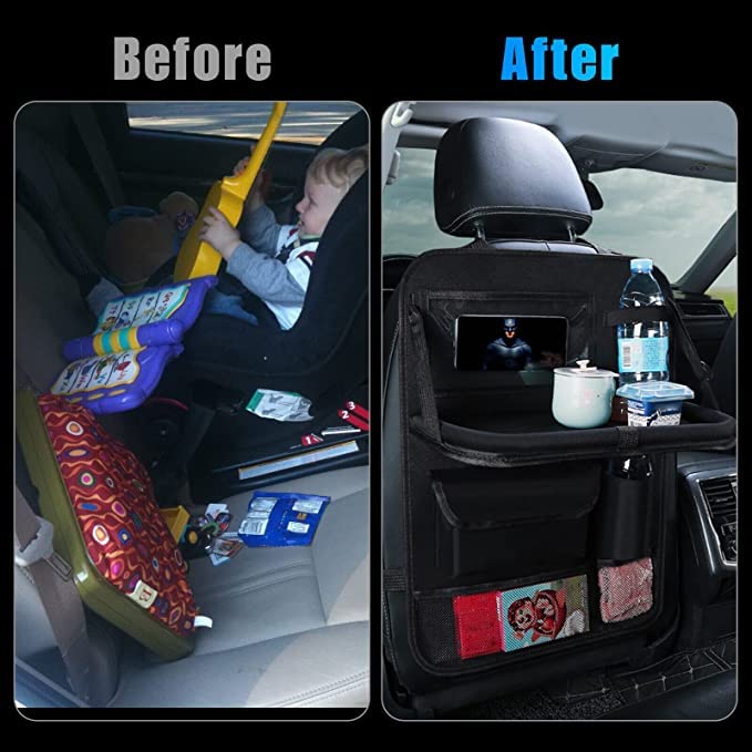 Organizer Sedile Posteriore Auto, Organizer Sedile Auto Bambini con Tavolino Pieghevole,Impermeabile Protezione Sedile Auto Bambini con Tasche, Materiale in Tessuto Oxford, Nero