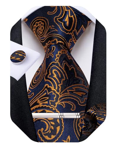 Image of DiBanGu Paisley Ties for Men Silk Necktie and Pocket Square Cufflinks Tie Clip Set Woven Classic Mens Tie for Wedding Party, Blue and Orange
