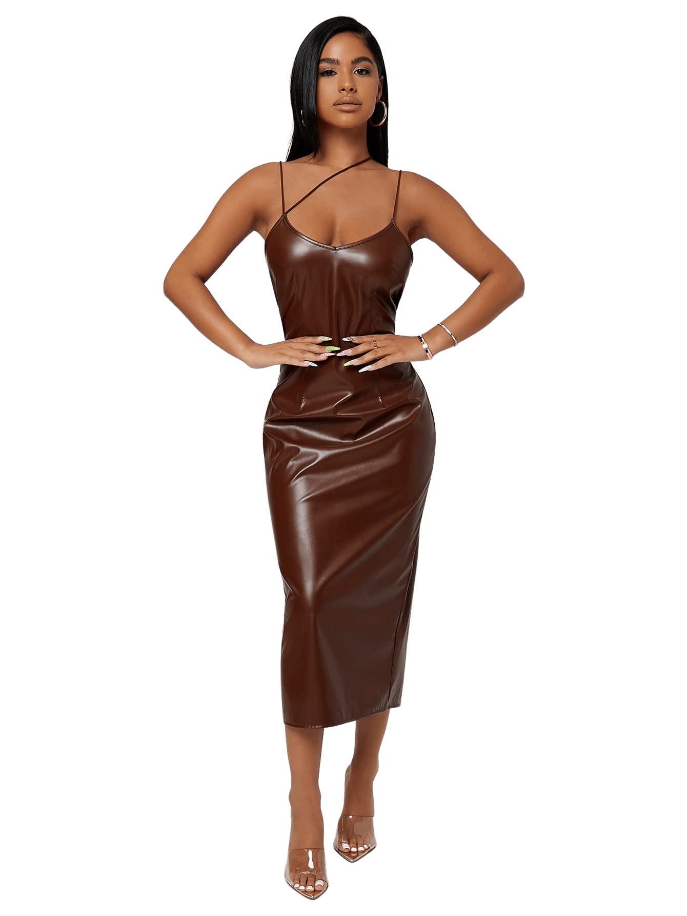 Womens Faux Leather Backless Split Cami Midi Dress Spaghetti Strap