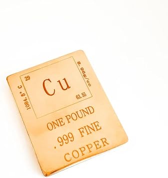 One Pound .999 Fine Copper Bar, Periodic Table Element Design, Polished Finish Pure Copper Ingot Paperweight