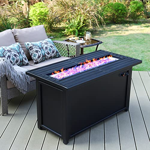 MFSTUDIO 45x23-Inch Gas Fire Pit Table,50000 BTU Propane Steel Striped Rectangular Tabletop with Lid and Blue Glass for Patio,Backyard and Balcony,Black