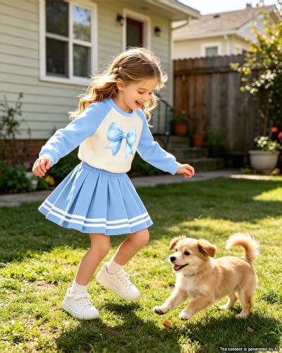 Image of Betusline Girls Skirt Set JK School Uniform 2-Piece Outfit - Long Sleeve & Webbing Solid Skirt,4-14Y