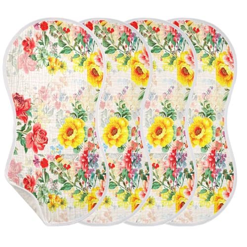 J JOYSAY Rose Peony Blossom Beige Baby Burp Cloths for Boys Girls Large 22''x11'' Cotton 4 Layer Newborn Towel for Drool one sizex4