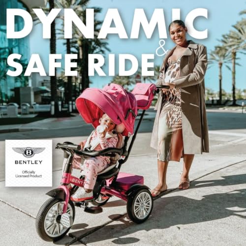 Image of Bentley 6-in-1 Baby Stroller & Toddler Tricycle - Officially Licensed Luxury Kids Bike, Convertible Travel Strollers & Kid Trike with Air Wheels, Canopy & Safety Features (6m-5y+ | Fuschia Pink)