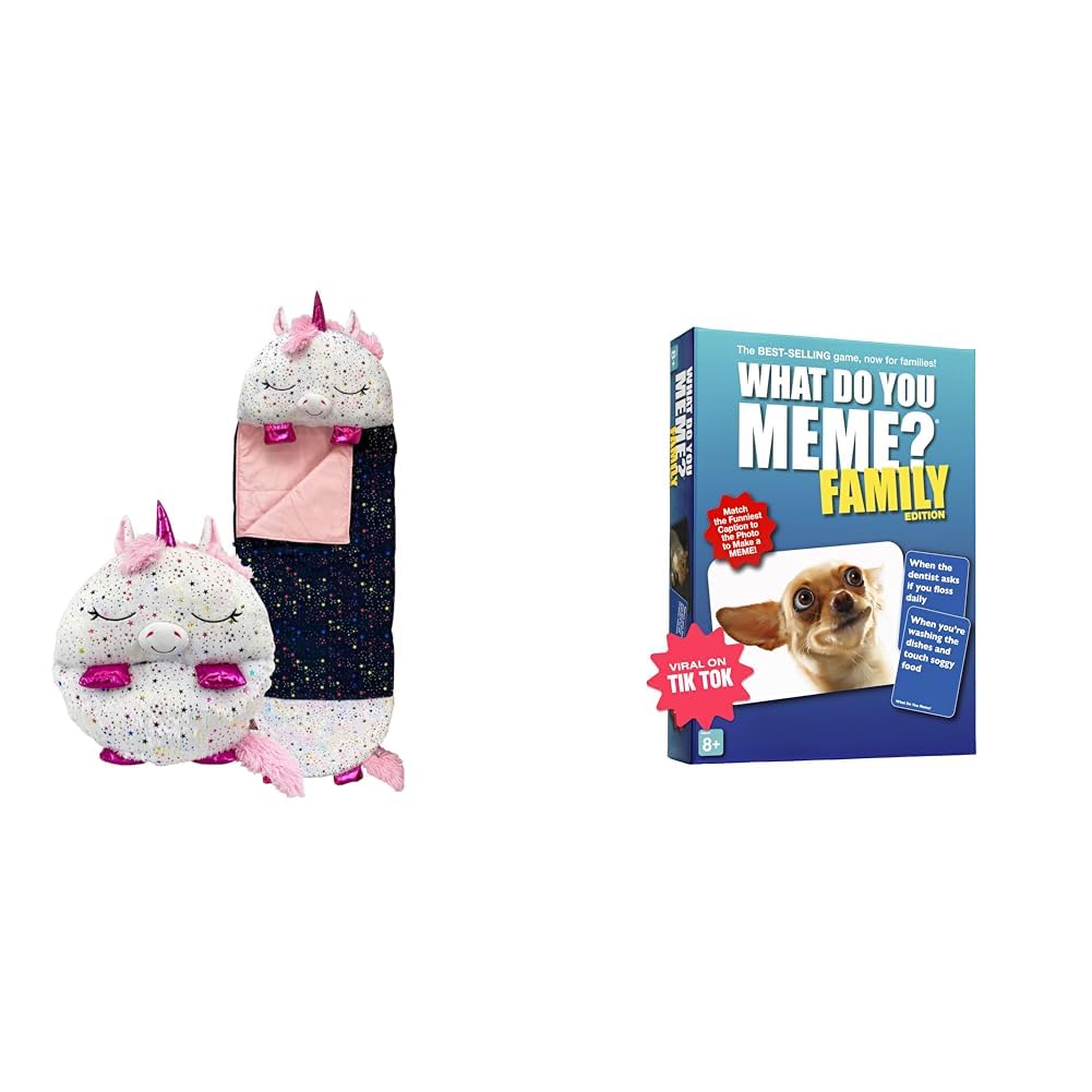 Kids Sleeping Bag - Shimmer Unicorn - Plush Toy, Comfy Sleeping Bag & Fluffy Pillow All in One & Travelling & WHAT DO YOU MEME? Family Edition - The Hilarious Family Party Card Game