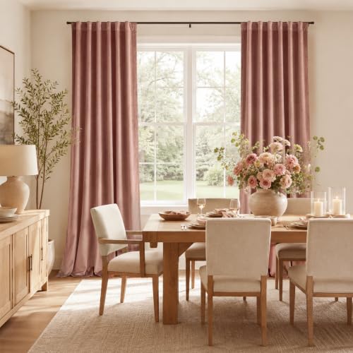Image of Dusty Rose Velvet Curtains Privacy Soft Romantic 90 Inch 2 Panels | soft, block light, for bedroom living room, light shifting textured, luxury drape, cozy ambiance, rod pocket, back tab