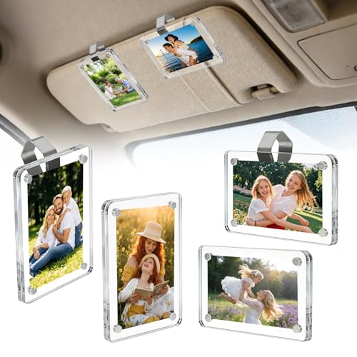 IWBOTQ Car Picture Holder 4Pcs Clear Acrylic Magnetic Car Visor Photo Clip Easy Snap-On Universal Personalized Hanging Car Picture Frame for Polaroid & Family Personal Pets Travel Pictures