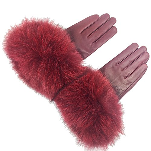 Sandy Ting Winter Women's Lambskin Leather Gloves with Fox Fur Trim Multicolor (Dark Red, Medium)