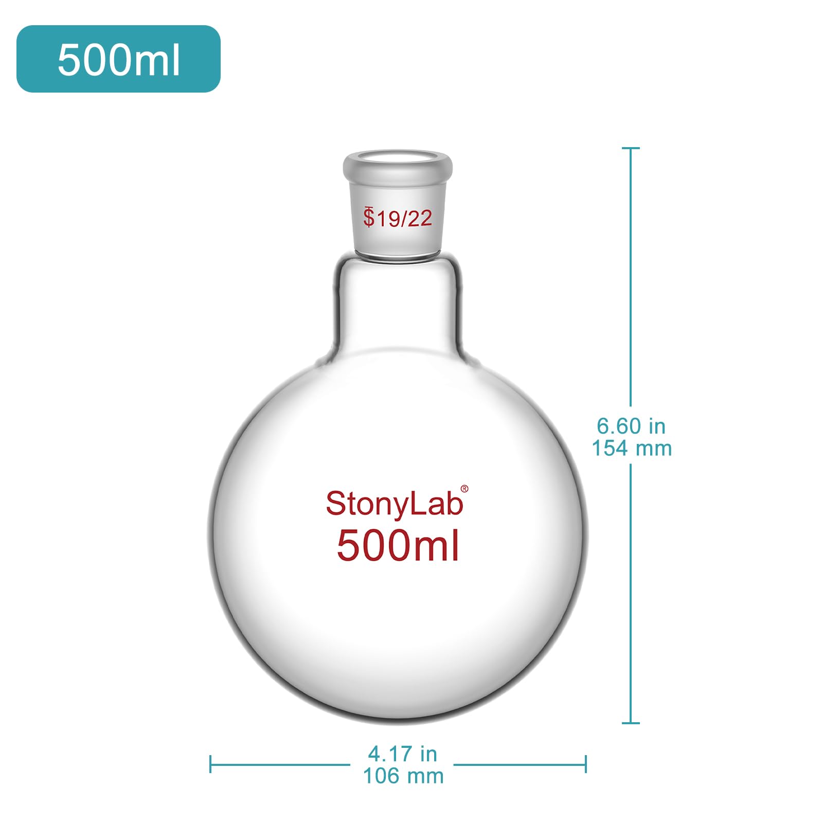 StonyLab Frasco RBF de borosilicato vidrio redondo, cuello redondo, 500mL, con junta exterior estándar 19/22-500ml