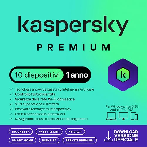 Kaspersky Premium Total Security 2026 | 10 dispositivi | 1 anno | Anti-Phishing e Firewall | VPN...