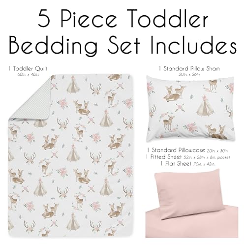 Image of Sweet Jojo Designs Blush Pink, Mint Green and White Boho Watercolor Woodland Deer Floral Girl Toddler Kid Childrens Bedding Set - 5 Pieces Comforter, Sham and Sheets