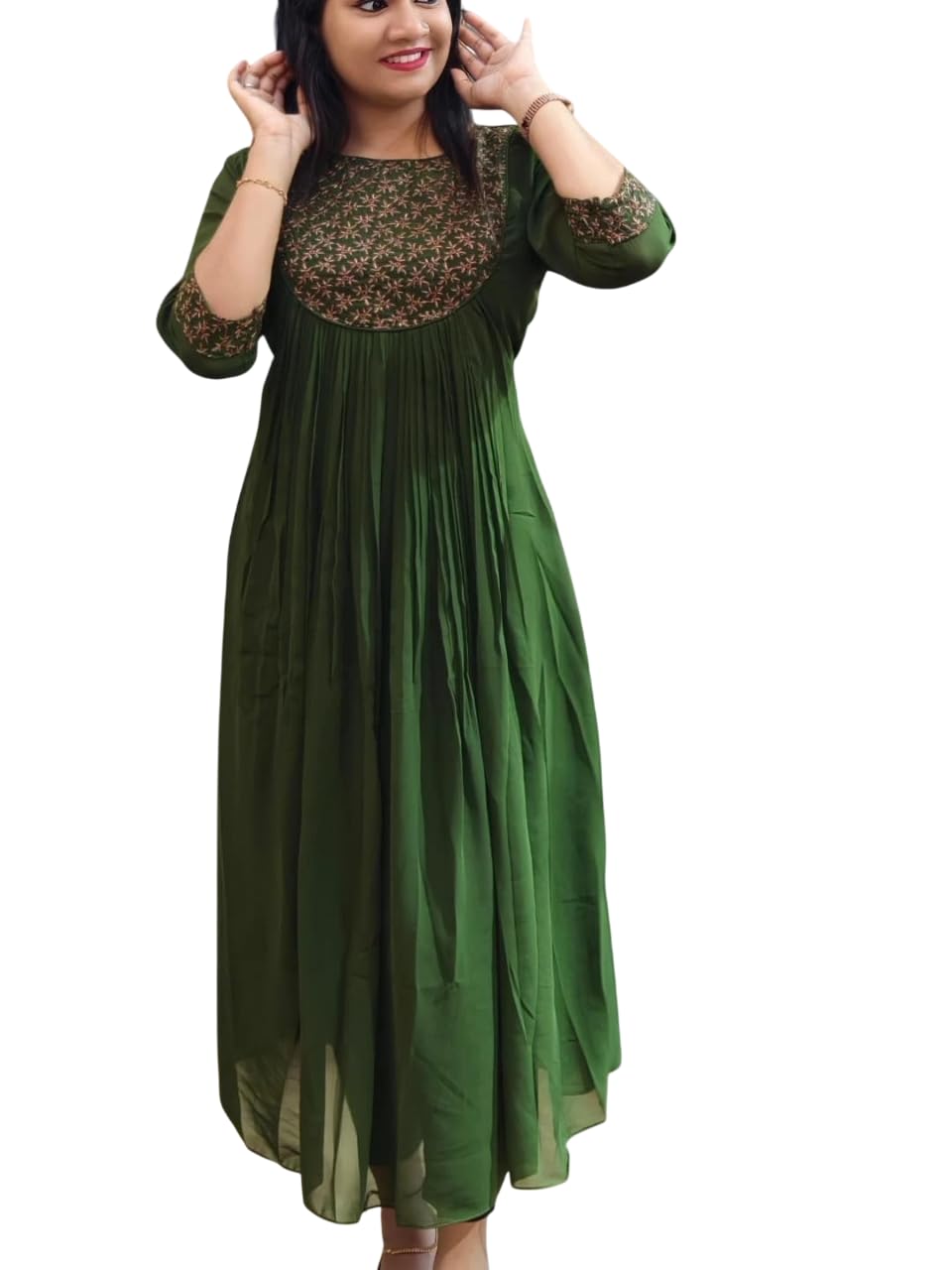 wild woven Women’s Embroidered Sequins Zari Work Blooming Georgette Kurti, Round Neck Design, Pleated Flare and Attached Lining 46-Inch Length-picture-13