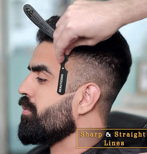 Image of BEAUTICONE Straight Razor for Men, Professional Barber Razor with 100 Single Edge Blades, Straight Edge Single Blade Razors for Men, Wooden Handle
