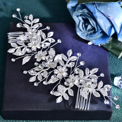 Peine de novia dorado con cristales y diseño floral miniatura 3