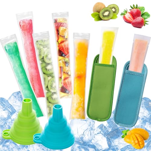 200 Bolsas para Helados, Scettar Bolsas para Moldes de Helado con Embudo, 5,5 x 28 cm Soportes de Neopreno para Helados Caseros sin BPA Bolsas de Molde para Yogur, Caramelos, Helados, Bolsas Popsicle