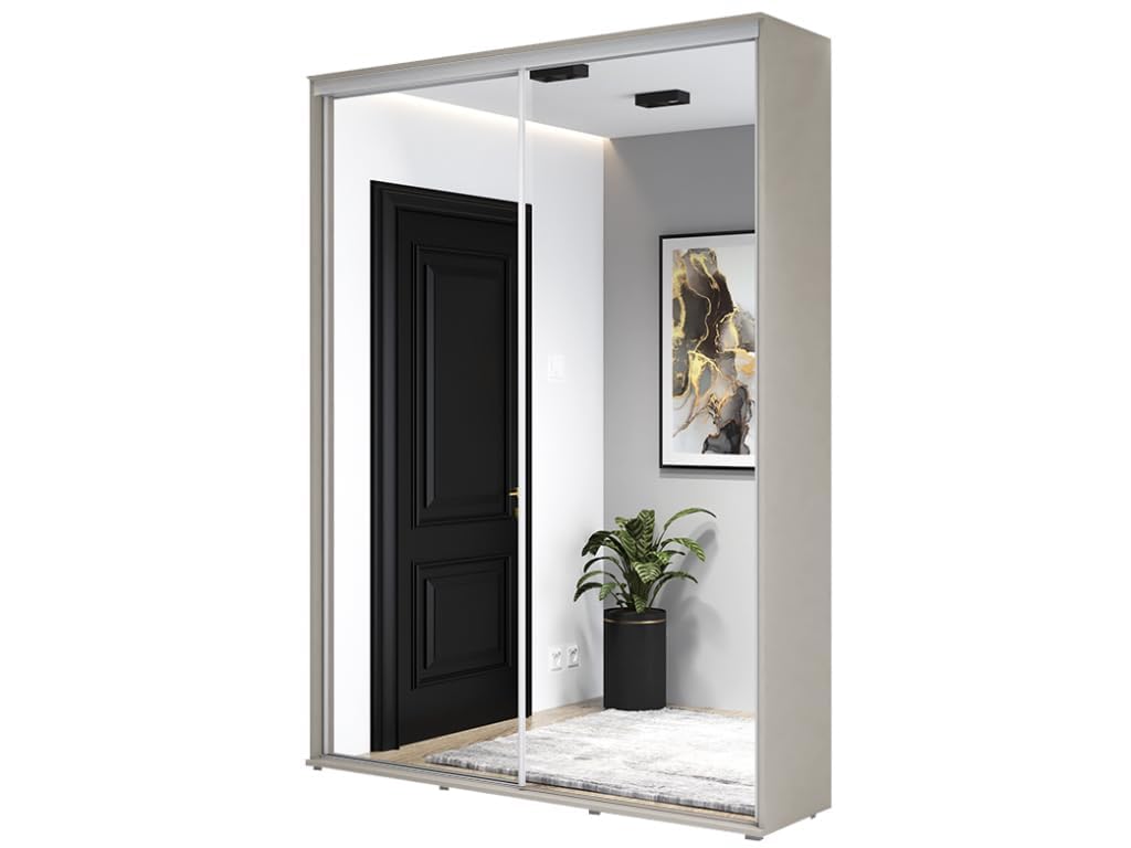 ZUZA 2 Garderobenschrank - Kleiderschrank mit Spiegel und Schiebetüren - 150x242x45cm - Kleiderstange Schrank - für Schlafzimmer, Flur - Holzwerkstoff, Kaschmir