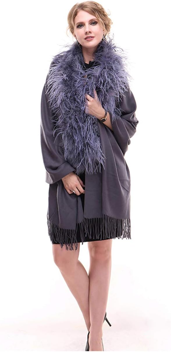 Women's Faux Cashmere Cape With Real Ostrich Feather Collar Shawl Wrap Winter Warm