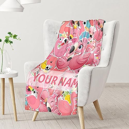 Personalized Flamingo Blanket Gifts with Name - 60x80 Inches Cute Throw for Women & Girls - Pink Soft Fuzzy Blankets for Bed, Couch & Living Room