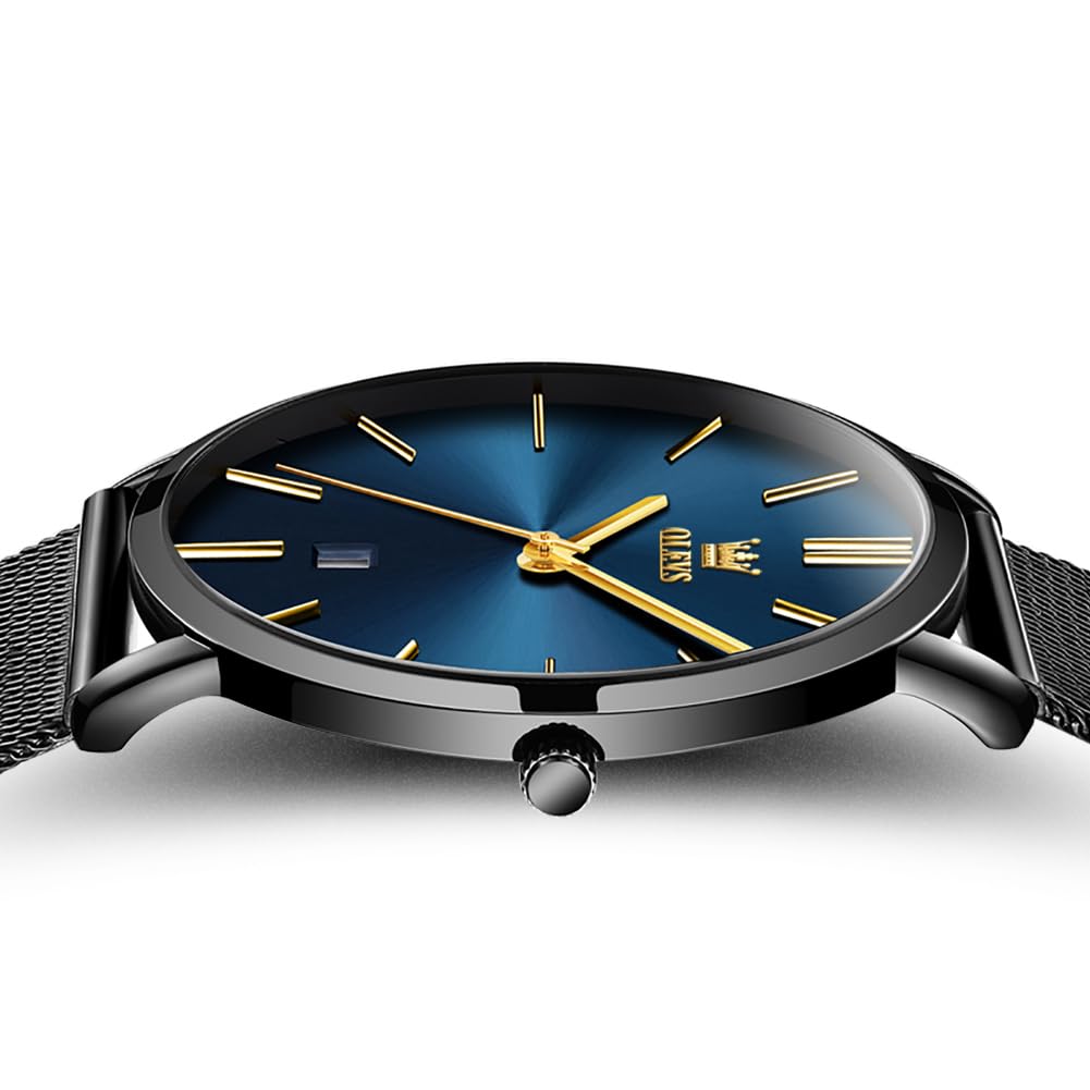 OLEVS Minimalistische Herren-Armbanduhr, ultradünn, modisch, lässig, analog, Quarz, Datum, wasserdicht, schmal, einfach, großes Zifferblatt, Armbanduhr mit Retro-Lederband für Herren