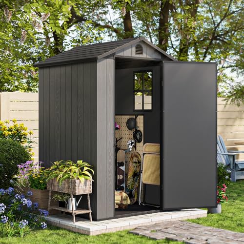 Image of Patiowell 4 x 4 FT Plastic Outdoor Storage Shed with Floor, Garden Tool Resin Shed with Two Windows and Lockable Door for Garden, Backyard, Lawn, Easy to Install, Dark Grey