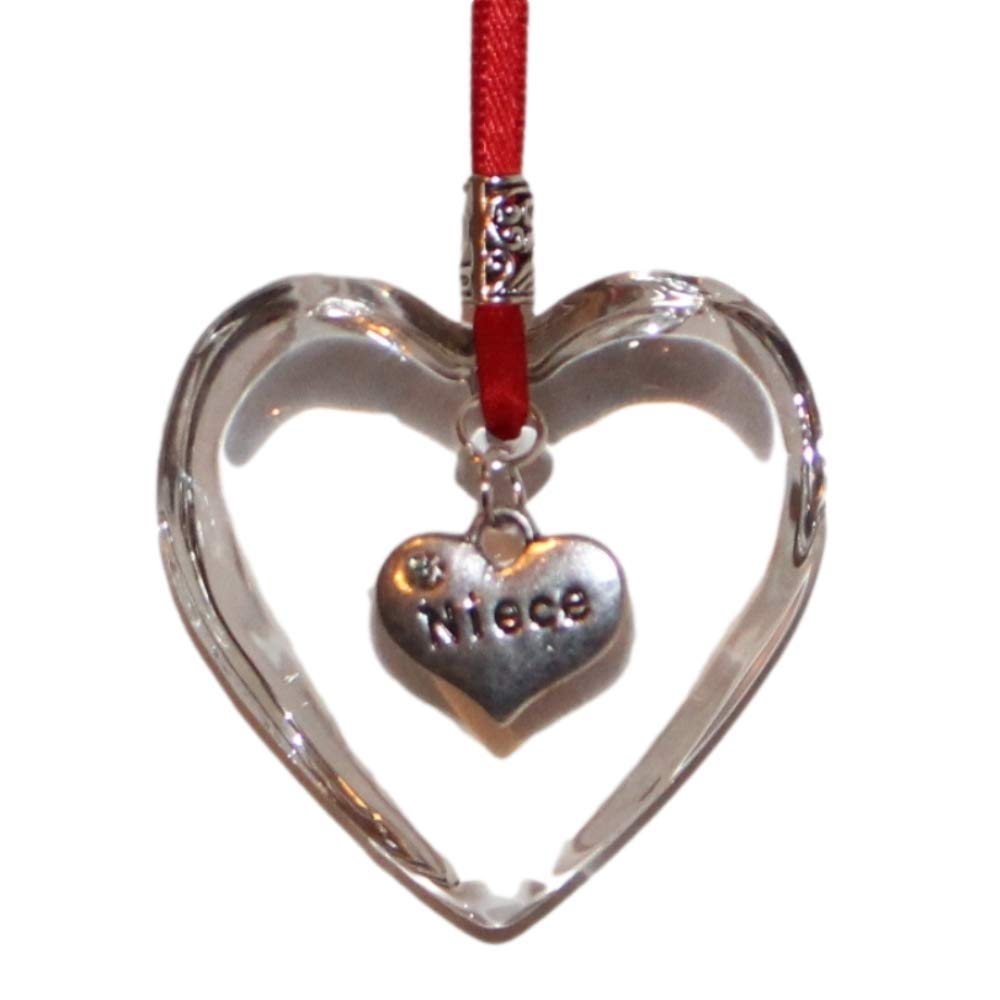 The Heart Shack Bright Red Ribbon Glass Hanging Heart Christmas Tree Decoration With Niece Charm