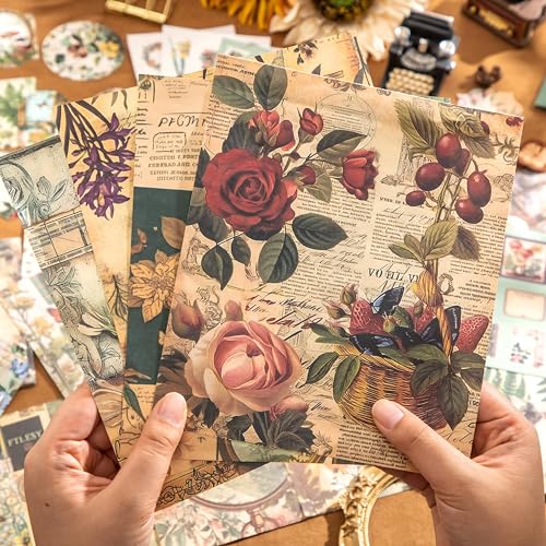 Image of Scrapbooking Supplies Kit, Vintage Botanical Aesthetic Scrapbook Kit for Bullet Junk Journal, Stationery, A6 Grid Notebook, Flower DIY Journaling Supplies, Birthday Craft Gift for Women Craft Lover