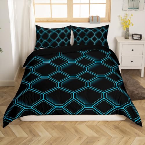 Erosebridal Honeycomb Twin Bedding Sets for Boys Kids,3D Stereoscopic Black and Teal Hexagon Comforter Cover Geometric Hexagonal Beehive Duvet Cover,Abstract Art Geometry Room Decor