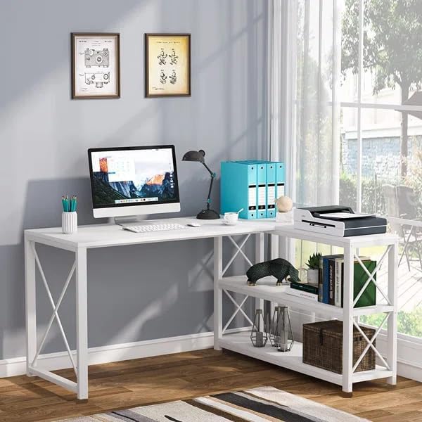 Image of Deskio Engineered Wood Computer Table for Home & Office, White L Shaped Table Desk with Storage Shelves Corner Study for Small Space (Size - 60L X 44W X 30H) | DIY