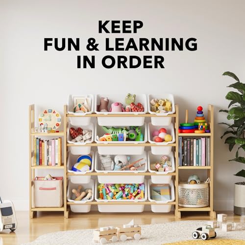 Image of SpaceAid Toy Storage Organizer with 6 Shelves and 12 Bins, Bookshelf /Bookcase, Kids Bin Shelf, Toys Box for Playroom Organization for Bedroom & Room Decor, White, 52.3 inch W