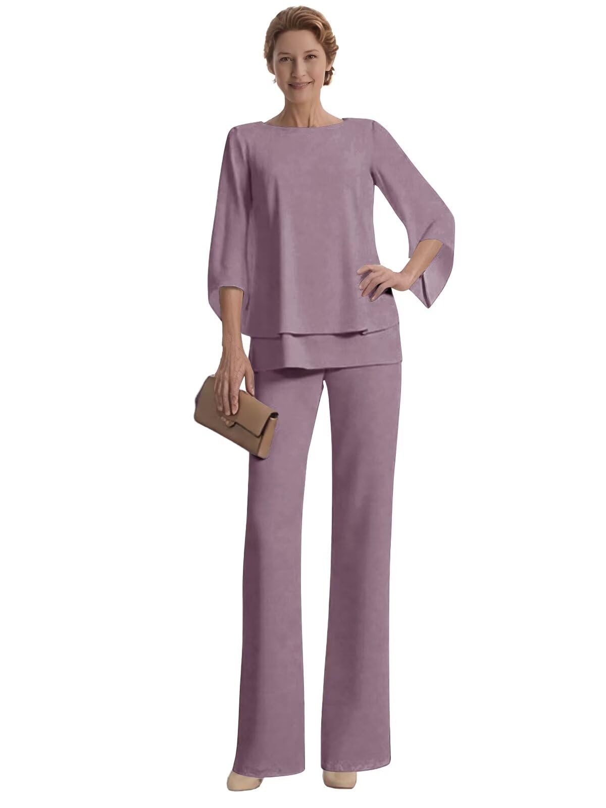 2 Piece Mother of Bride Pantsuits for Wedding Chiffon Three Quarter Sleeves Women Formal Dressy Outfits VM05