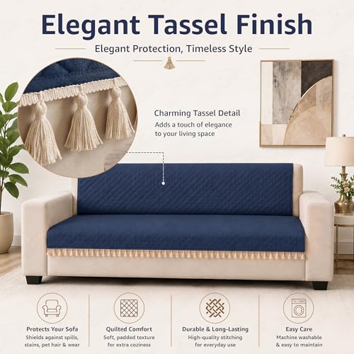 Image of Lukzer Quilted Sofa Cover Mat with Tassels for 5 Seater Sofa - Midnight Blue | Soft Washable Anti-Slip Protector for Living Room | Furniture Cover for Back-Seat Slipcover 3+1+1 Seat Cover /SC-191-5T
