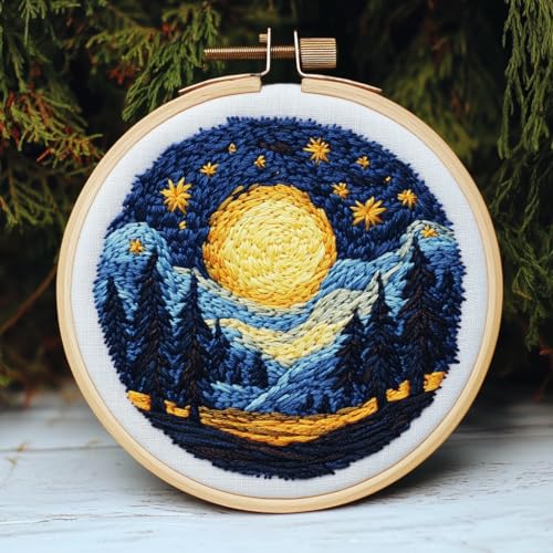 DIY Punch Needle Kits for Beginners Sky and Moon Night Scenery with Hoop Embroidery Punch Needle Starter Set Easy for Adults and Kids Festival Gift and Decor 20x20cm-2