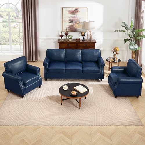 Image of Kingfun 3 Seater Sofa, Mid-Century Modern Faux Leather Couch Set for Living Room, Blue with Rolled Arms & Nailhead Trim, Easy Assembly