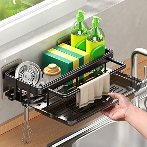 Self Adhesive Sponge Holder, Kitchen Wall Mount Sink Caddy Aluminum Drying Drain Rack Storage,Peeler, Brush, Soap, Cloth Rag,Towel Organizer with Removable Drip Tray for Countertop,No Drilling