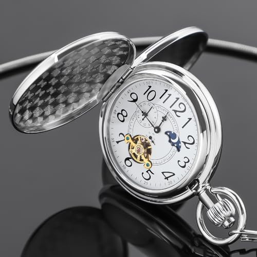 Image of Copper Pocket Watch Steampunk Roman Number Scale Mechanical London Hand Wind Mens Watches with Chains & Boxs