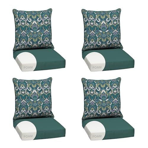 Image of Arden Outdoor Foam Deep Seat Cushion Set, 4-Pack, 24x24, Premium High-Density Foam, Never Flattens, Weather-Proof for Patio Chair Sofa Couch, Sapphire Aurora Blue Damask