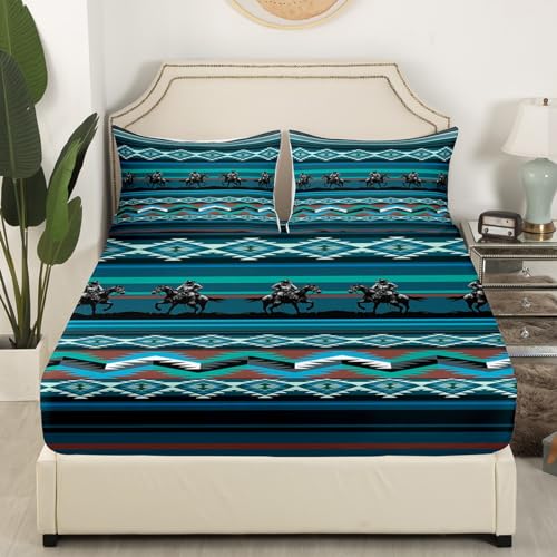 Southwestern Bed Sheet Set Double Western Fitted Sheet for Kids Boys Girls Decor Cowboy Print Bedding Set Tribal Horse Blue Bed Cover Deep Pocket Bedroom - Image 3