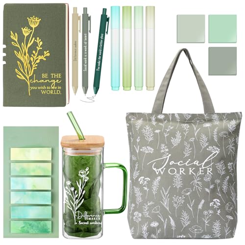 Reallnaive 15 Pcs Social Worker Appreciation Gifts Include 16 oz Glass Cup Canvas Bag Notebook Ballpoint Pens Sticky Notes School Social Worker Office Supplies for Christmas Women Gifts(Green)