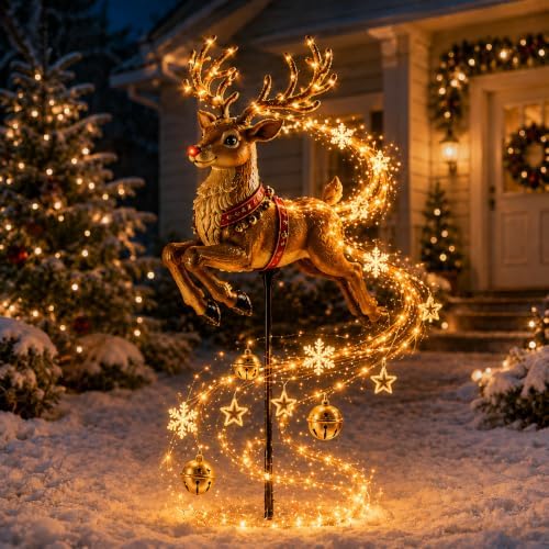 Santa's Flying Sleigh Solar Christmas Garden Light, Warm Golden Cascade with Gifts Stars and Snowflakes, Auto Charging Outdoor Holiday Ornament for Lawn Pathway Porch and Yard Display，Reindeer