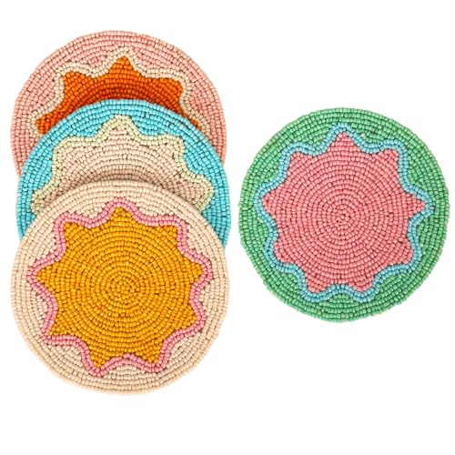 Image of Dreamy Walls Beaded Coaster Set of 4- Multicolor Glass-Bead Drink Coasters, Boho Table Decor for Dining & Gifting