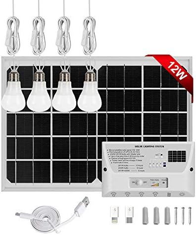 GVSHINE Solar Lights Indoor Home Chicken Coop Light with 4 Bulbs,12W Solar Panel 6000mAh Solar Shed Lights with on Off Switch,Cell Phone Charger,AC Power Adapter,Outdoor Solar Lighting for Emergency
