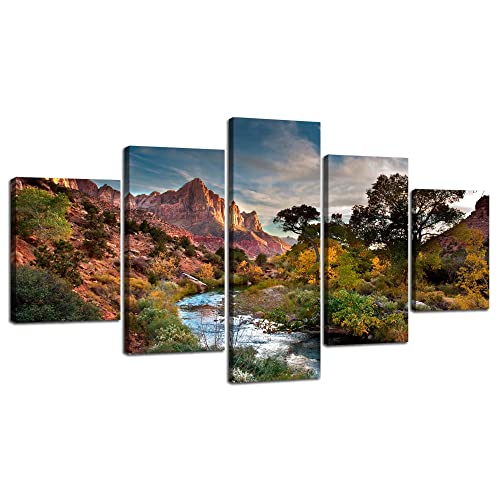 Zion National Park Wall Art Zion Painting Wall Decor Utah Landscape Picture Canvas Print Nature Wilderness Poster Framed Home Living Room Bedroom Decoration Ready To Hang(60''Wx32''H) #TOP16