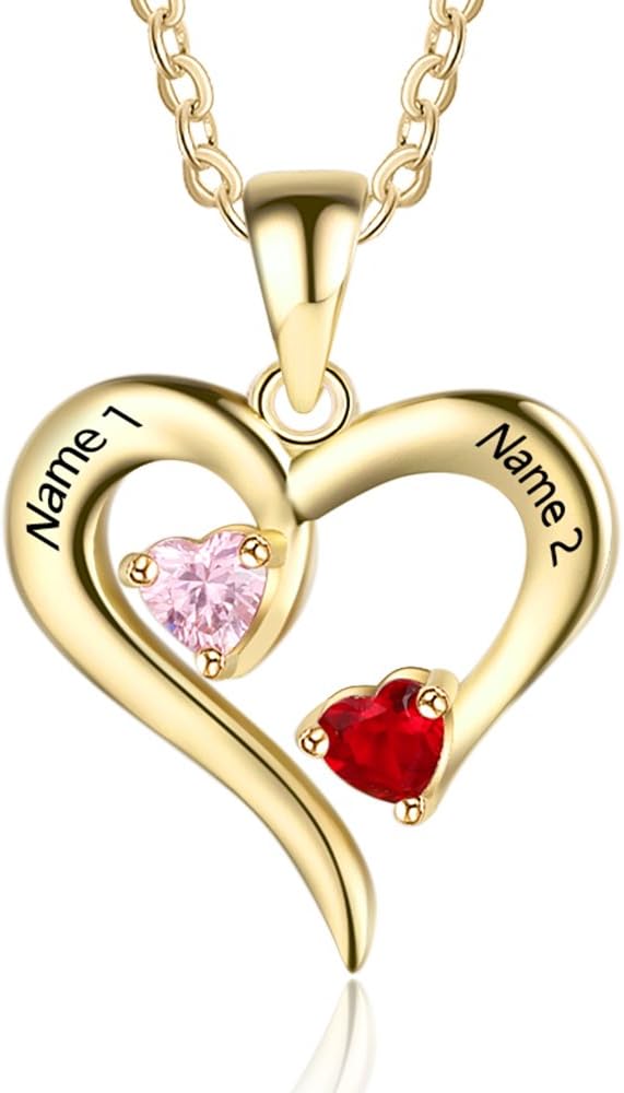 Lam Hub Fong Personalized Birthstone Necklace for Mom - Custom Name Necklace with Heart Pendant - Sterling Silver Family Jewelry Gifts for Women, Grandma, Daughter - Mothers Day Birthday Gifts