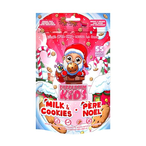 Image of Bubblegum Kids Milk & Cookies Sugar Free Gum | Chocolate Flavor, Sugarless Gum with Xylitol | Low Calorie Candy for Kids & Adults | Santa Claus & Christmas | Resealable Bag, 55 Pieces Per Pack, 1 Pack